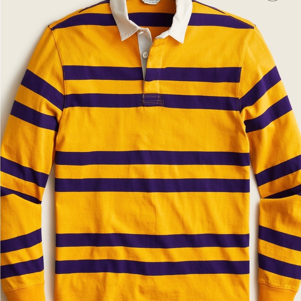 MEN'S J CREW RUGBY LONGSLEEVE POLO SHIRT IN DOUBLE STRIPE YELLOW PURPLE